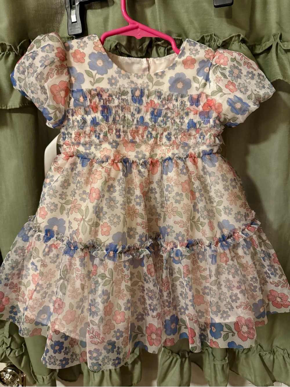 Floral Smocked Puff-Sleeve Kids Dress - White with Pink & Blue Flowers